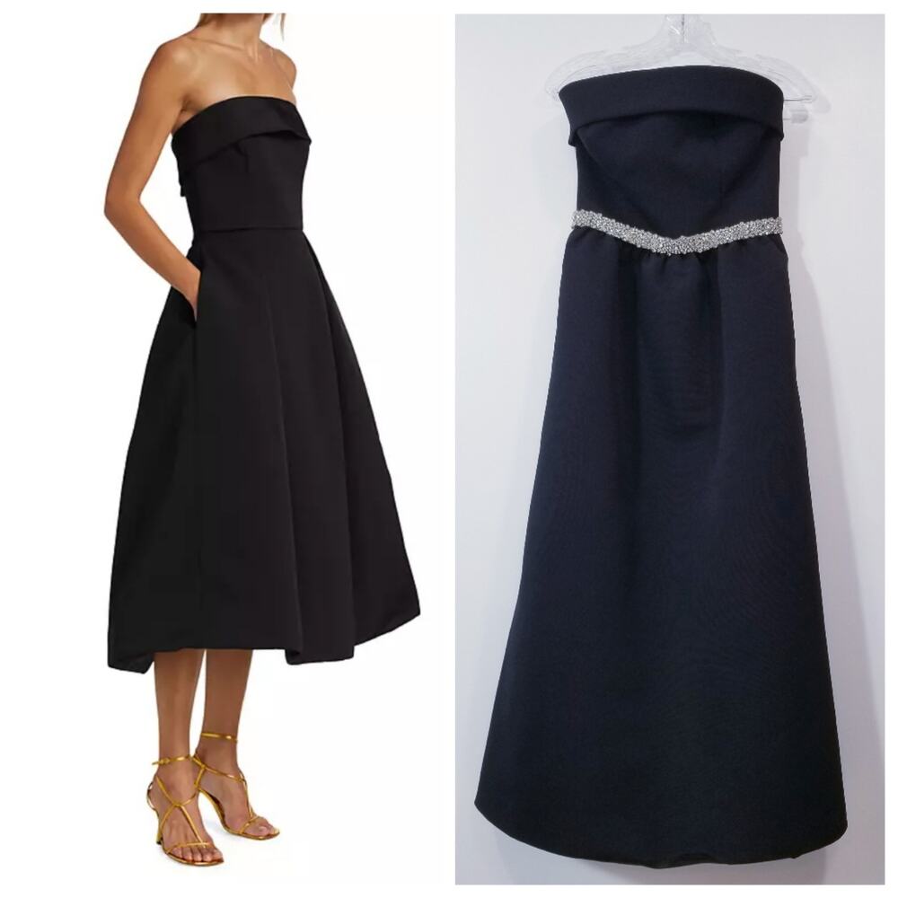 Amsale Faille Rhinestones Strapless A-Line Black Midi Dress with Pockets